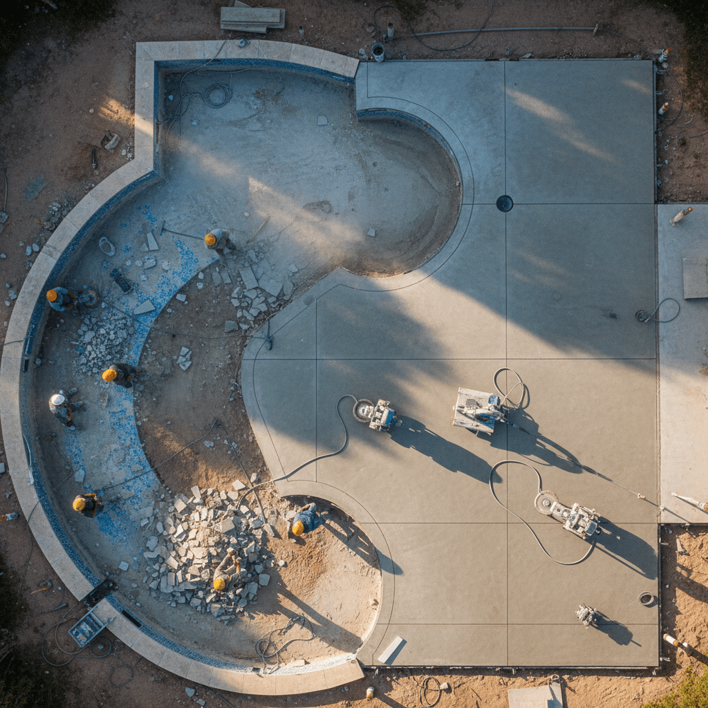 In-progress pool renovation with deck work