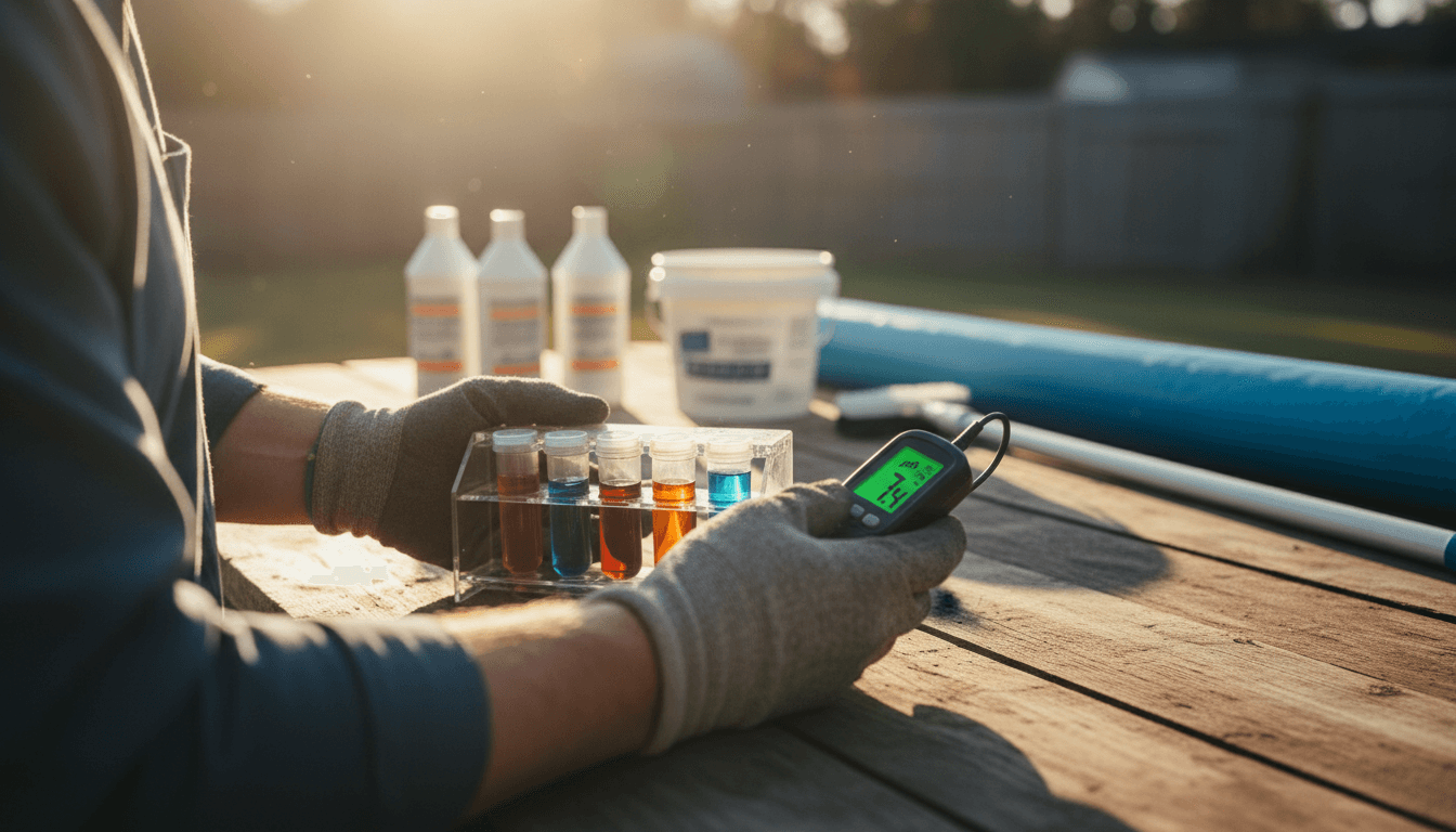 Pool technician testing and measuring pool chemistry with professional equipment