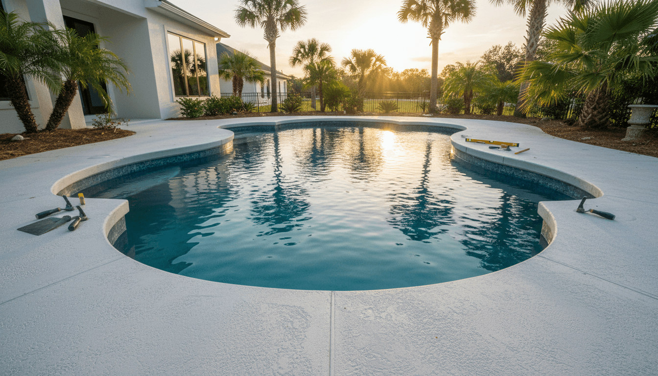 Sparkling swimming pool with clear blue water and finished decking in Valparaiso