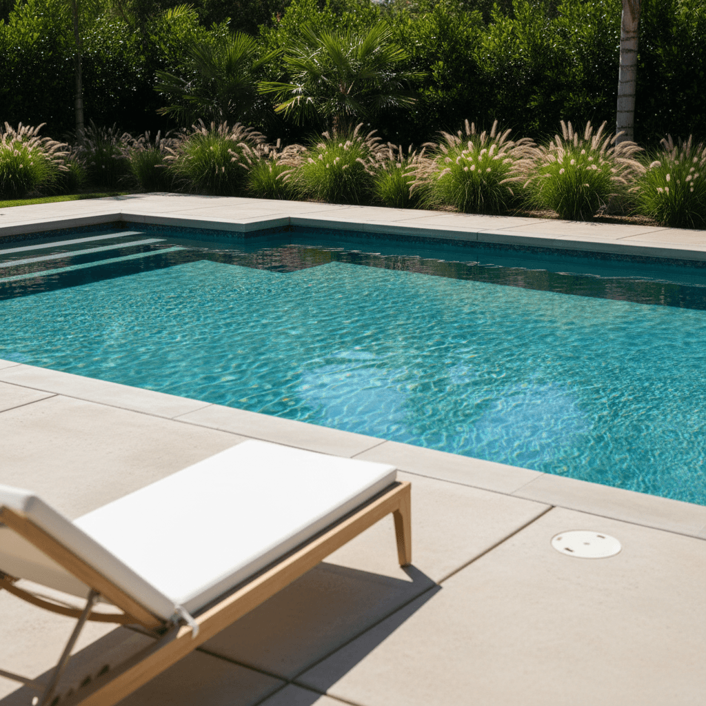 Completed residential pool with geometric design and concrete deck