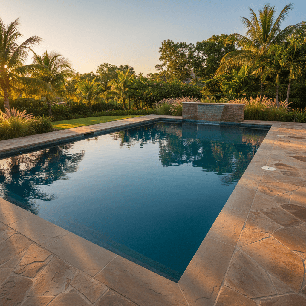 Completed residential pool with stone deck and landscaping in Valparaiso