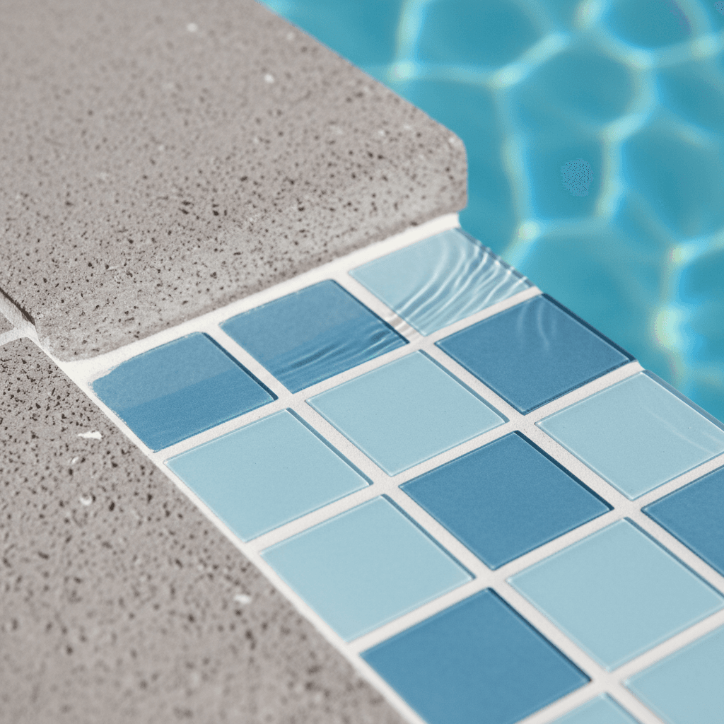 Close-up detail of pool tile and coping installation quality