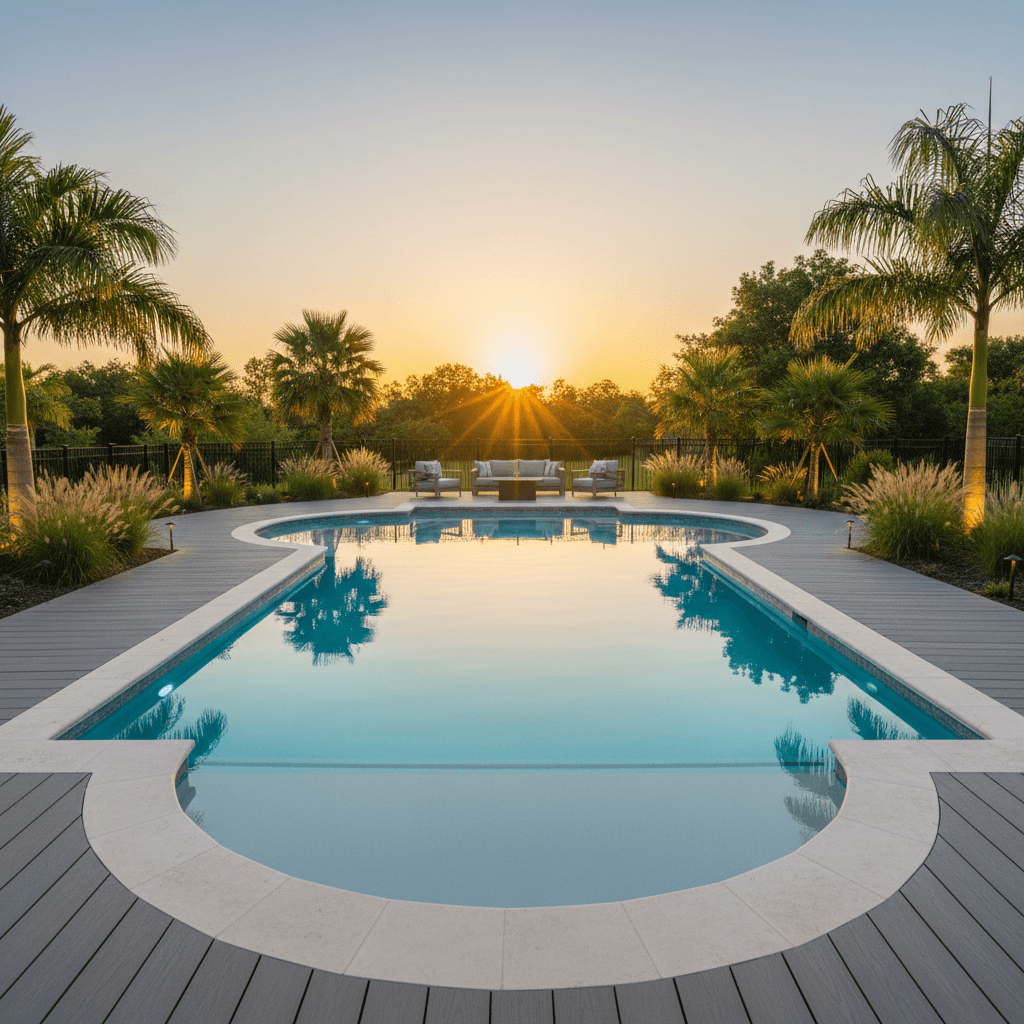 Completed luxury pool renovation with evening landscape lighting