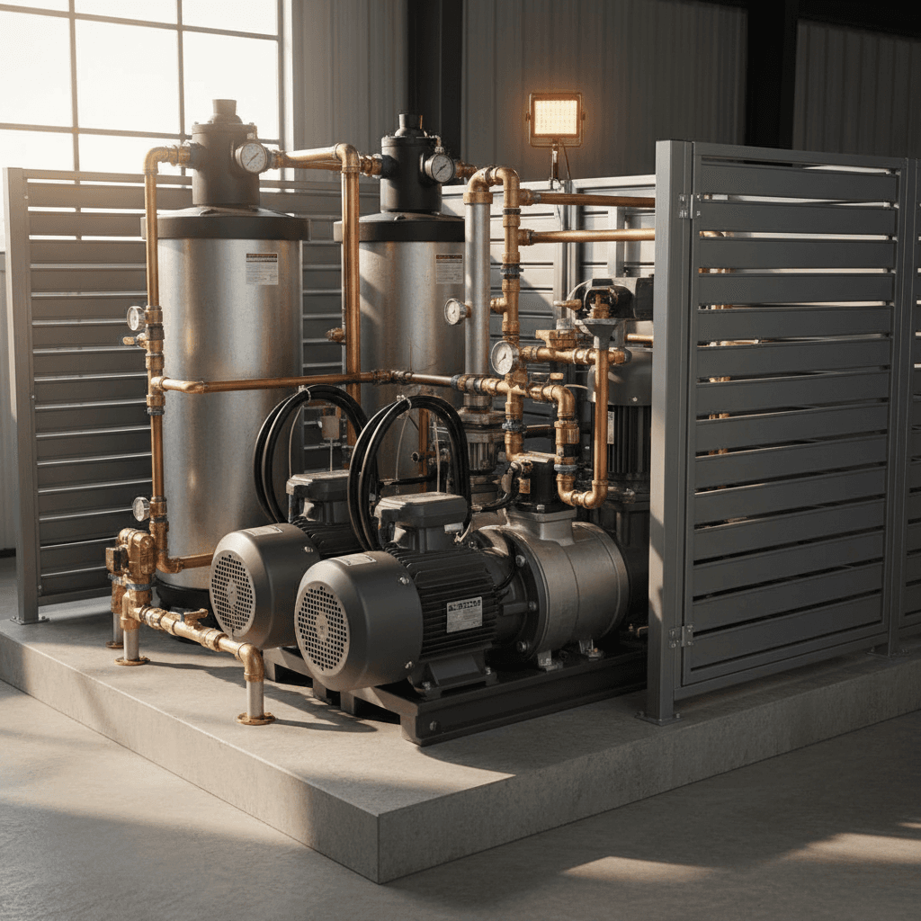 Professional pool equipment installation showing pumps and filter systems