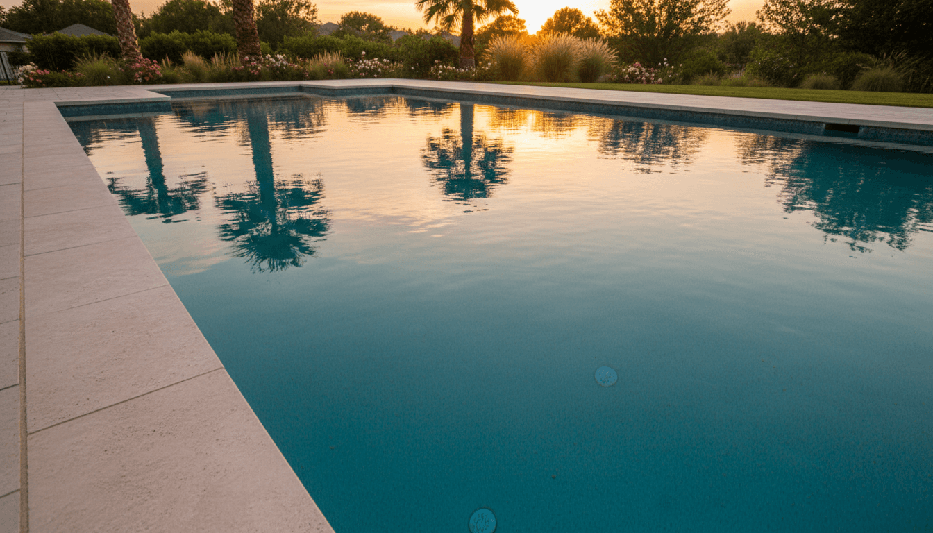 A custom residential swimming pool in Valparaiso with clear water and stone pavers at sunset