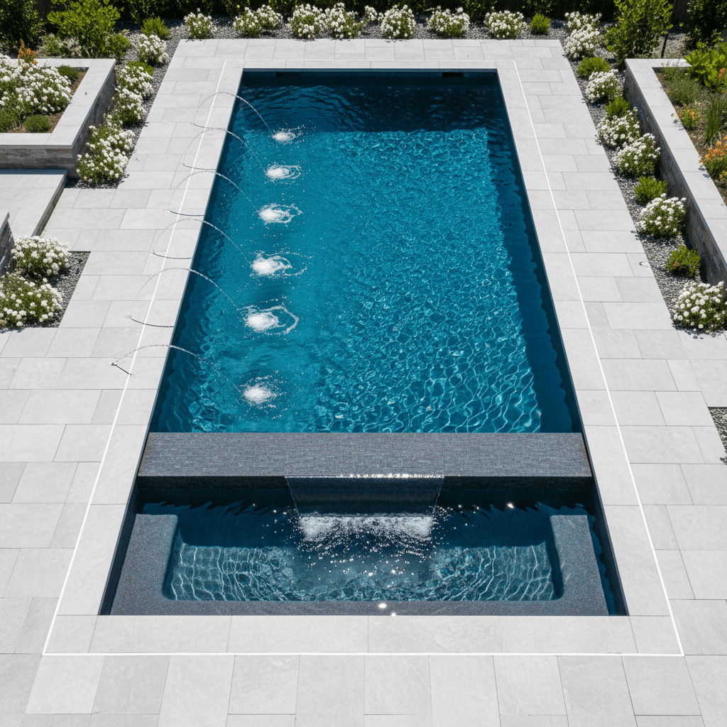 Modern renovated pool with water features and professional deck design