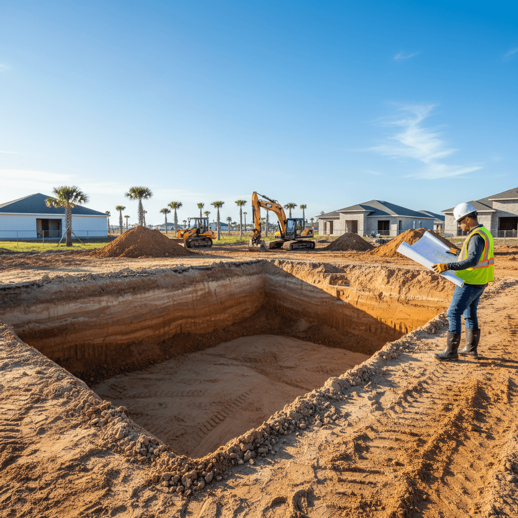 Pool construction site with excavation work in progress